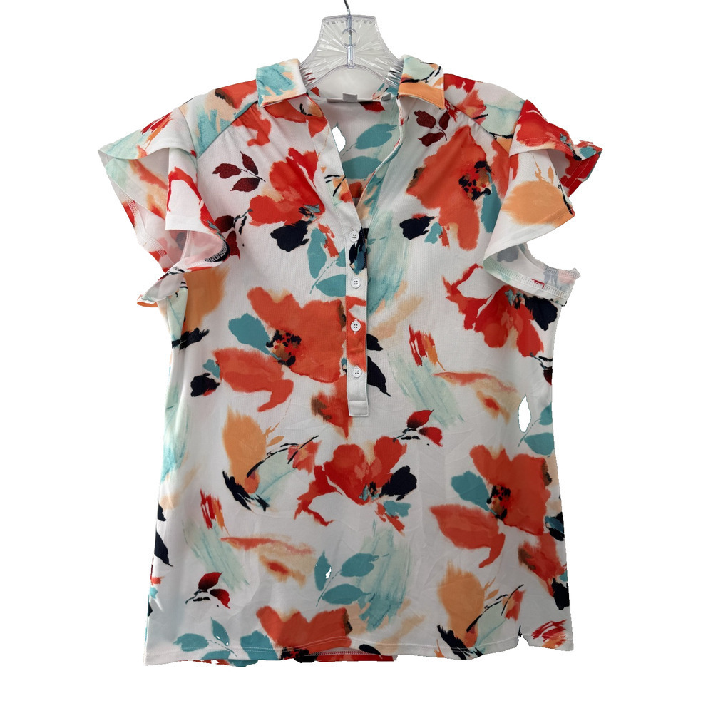 Chico's Women's Everyday Golf Casual Collared Popover Floral Polo Shirt 0 Small